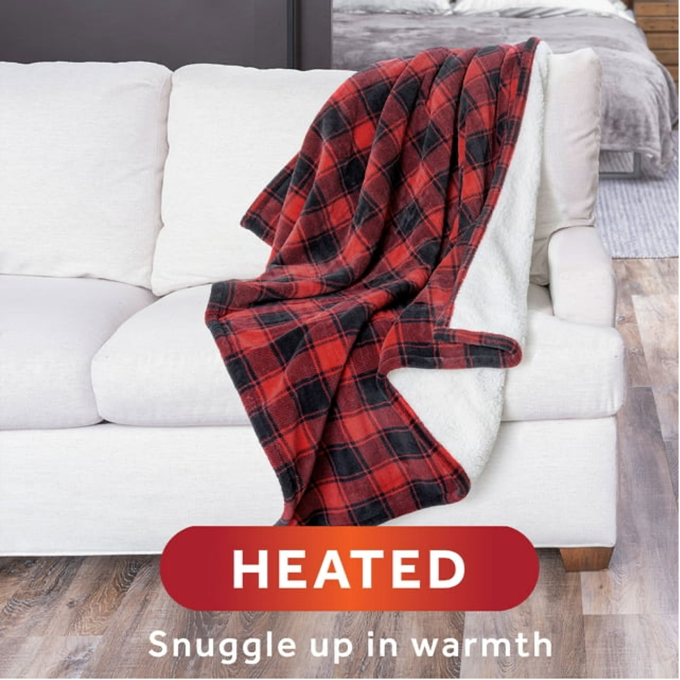 Sunbeam Sherpa Heated Electric Throw, 50" X 60", Red Plaid